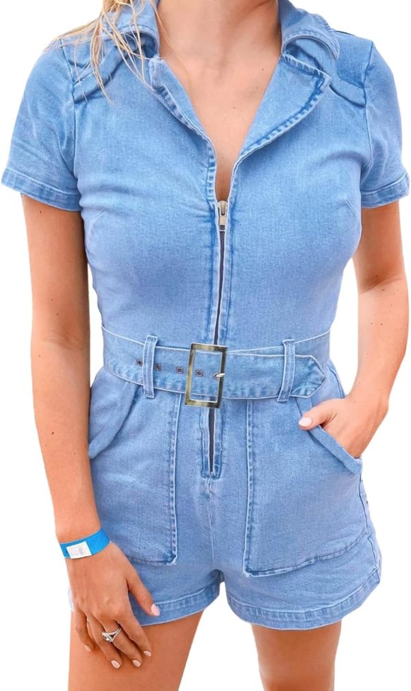 PLNOTME Women's Summer Denim Rompers Zip Up Belted Short Jeans Jumpsuits with Pockets