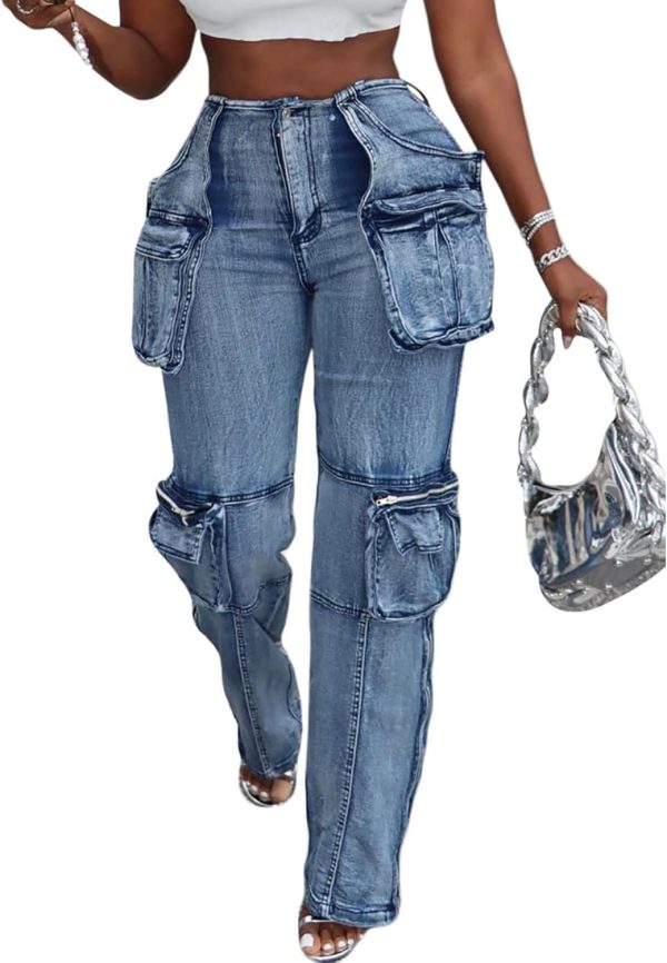 xxxiticat Women's Cargo Jeans Mid Waist Multi Flap Pockets Zipper Patchwork Straight Leg Casual Long Blue Denim Trousers