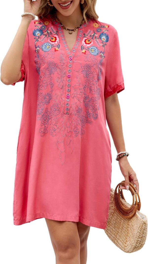 Women's Embroidered Mexican Peasant Dresses Short Sleeve, Plus Size Boho Dress Fiesta Traditional Floral Tunic