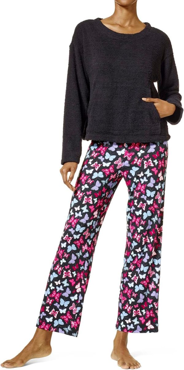 HUE Women's Fluffy Chenille Long Sleeve Top and Pant 2 Piece Pajama Set