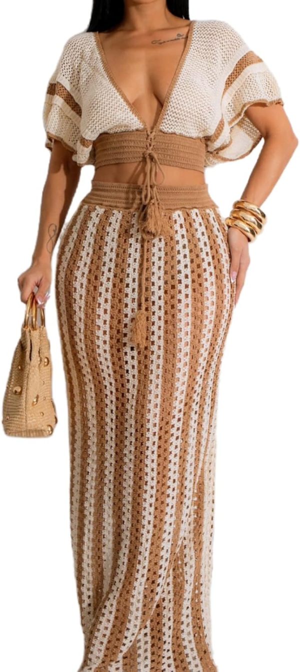 REASERAL Womens Knit 2 Piece Outfits Short Sleeve Hollow Out Top Striped Maxi Skirt Summer Vacation Sets