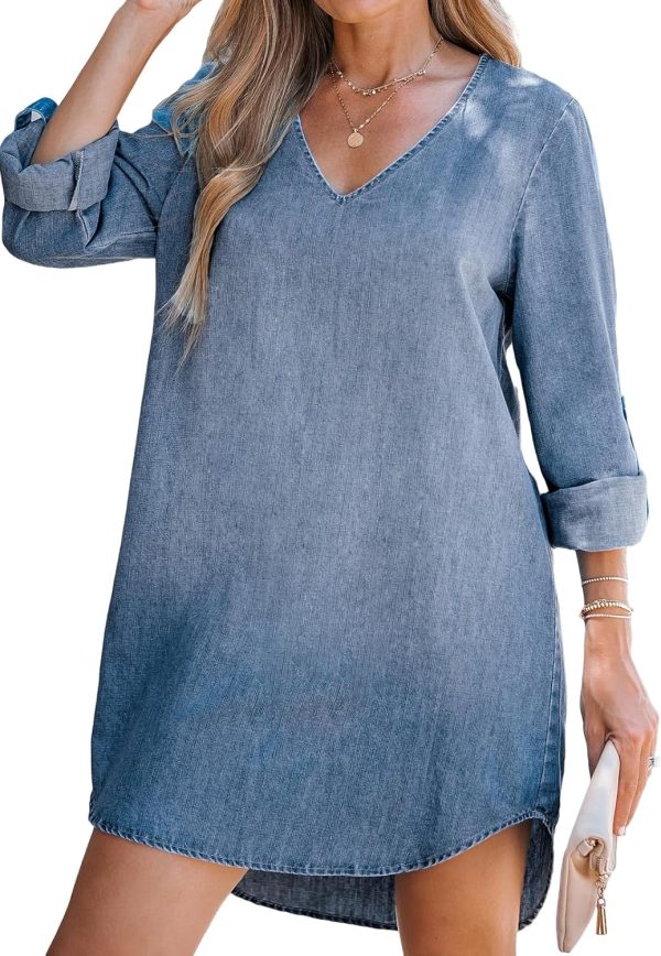 CUPSHE Women's Long Sleeve Denim Shirt Dress Casual V Neck Mini Distressed Roll Tab Jean Dresses