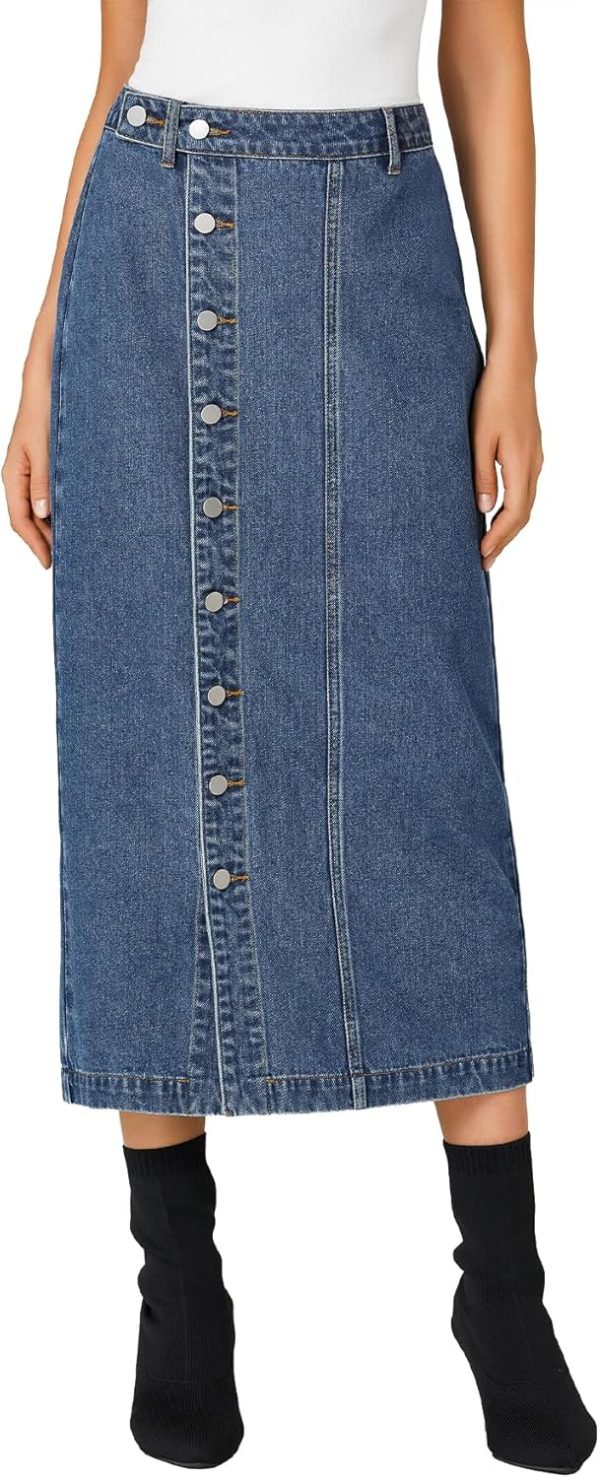 KIFOVEN Women's Casual Slit Jean Midi Skirt High Waist Button Up Denim Skirt